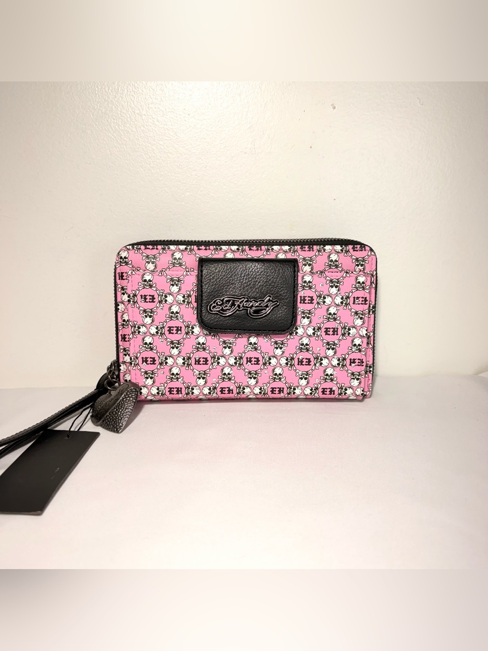 Ed Hardy Pink Skull Print Wristlet Double Zip Wallet